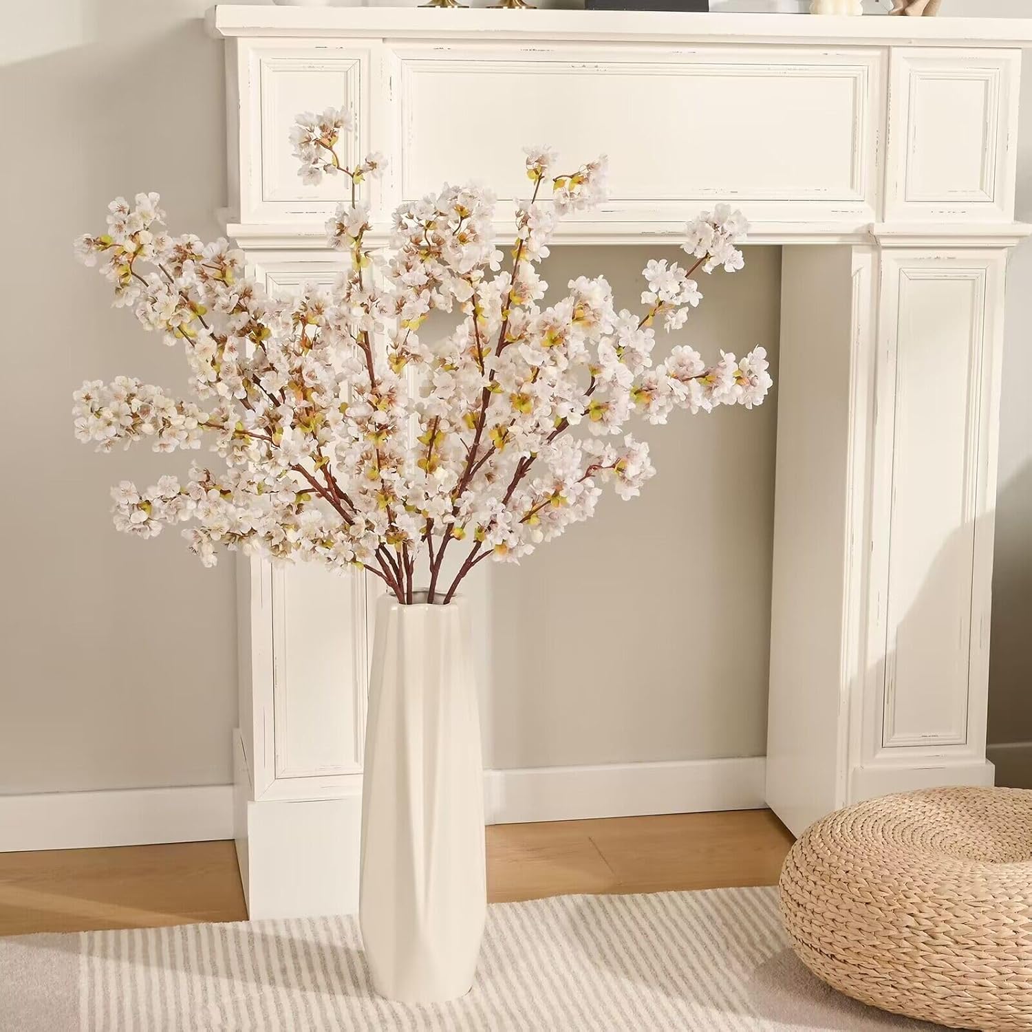 Sunm Boutique White Cherry Blossom Flowers, Artificial Cherry Blossom Decor Faux Cherry Blossom Branches Vase Arrangements for Wedding Home Party Kitchen Decor, Set of 3