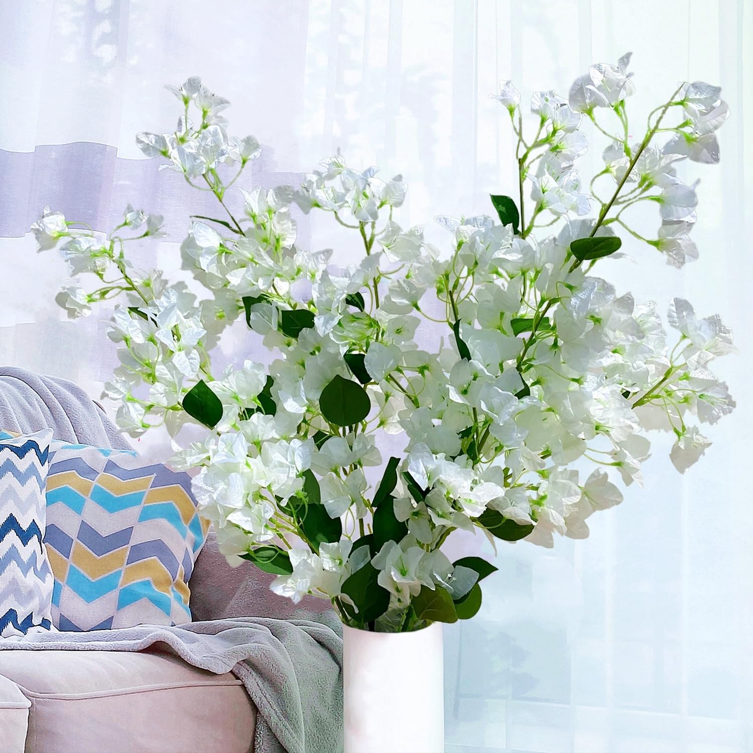 Artificial Flowers Silk Bougainvillea Branches Faux Artificial Bougainvillea Floral Stems Long Plant Branches 45" for Wedding Centerpieces, Table Runner, Home Decoration (White - Pack of 4pcs)