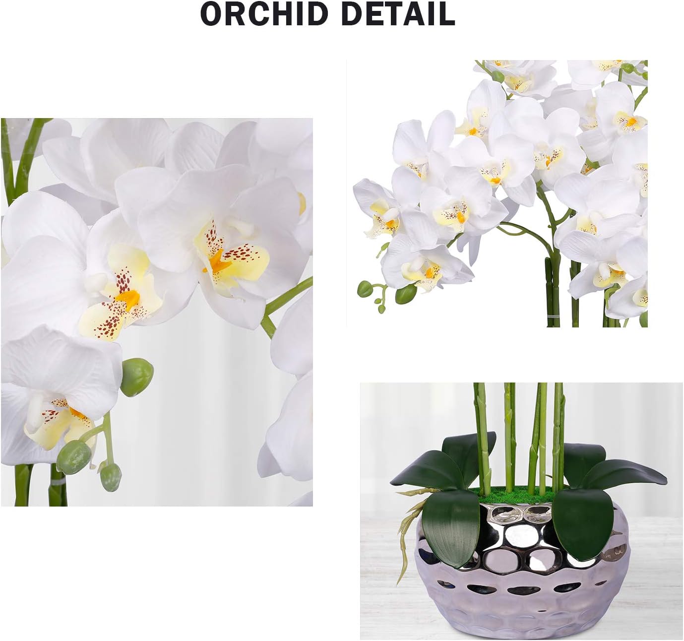 Artificial Orchid in Gold Vase White Orchid Silk Orchids Faux Orchid Plant in Gold Pot Fake Flower Arrangement White Flowers Artificial for Decoration Home Decor Kitchen Decoration Table Centerpieces