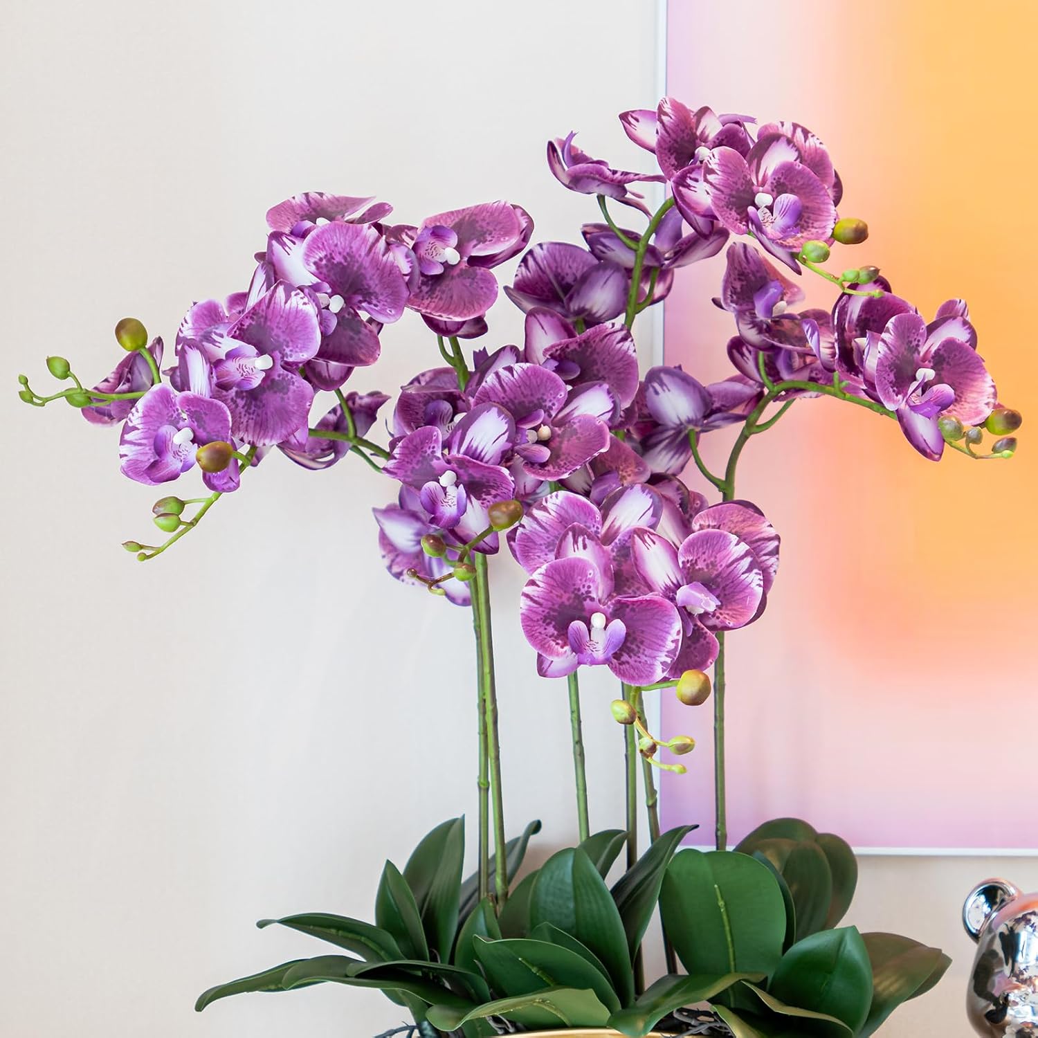 DUYONE 35 Inch Artificial Butterfly Orchid Flowers 4 Pcs with 4 Bundles Leaves Artificial Orchid Flowers Stem Plants for Home Décor (Light Purple 4pcs)