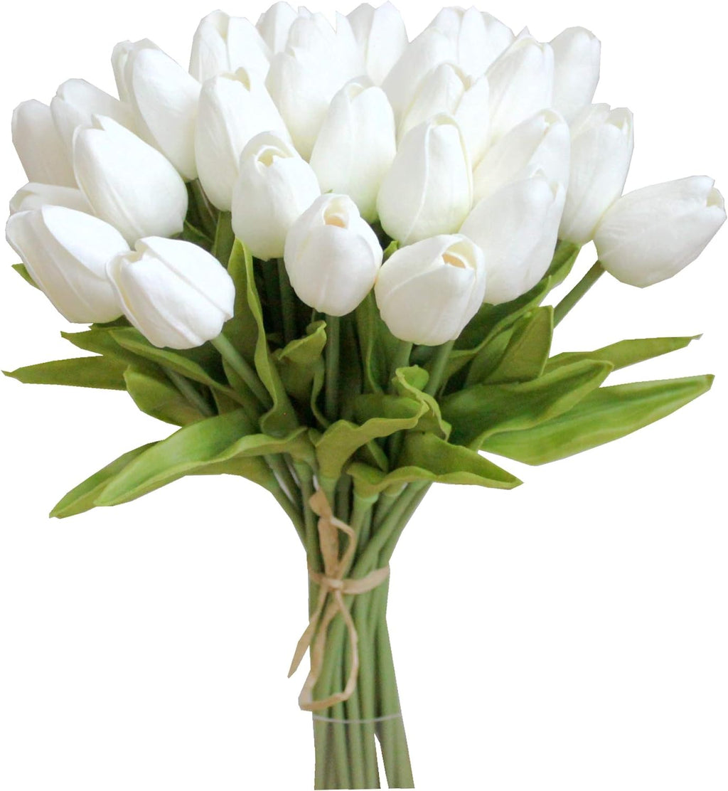 Mandy's 20pcs Pure White Flowers Artificial Tulip Silk Flowers 13.5" in Bulk Home Kitchen Wedding Decorations