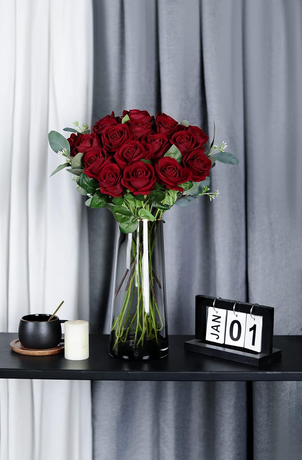 Luyue 10 Pack Artificial Velvet Roses Fake Red Rose Silk Flowers with Stem Floral Gift for Wedding Arrangement Party Home Decor-Burgandy