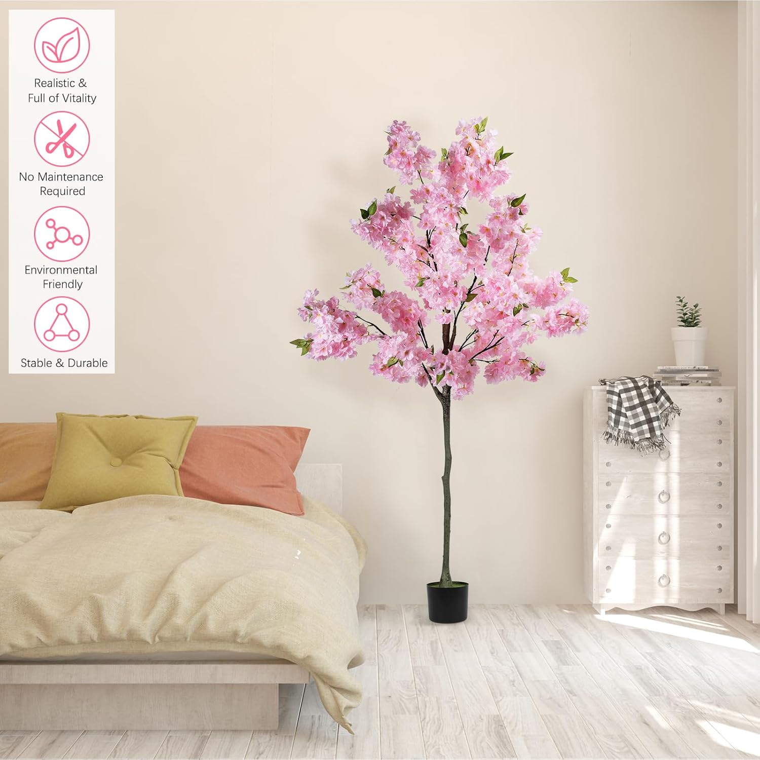 PINPON 6FT Artificial Cherry Blossom Tree for Home Decor, Tall Fake Plant Potted Silk Trees, Faux Floor Tree for Indoor Outdoor Living Room Garden Decoration, Pink
