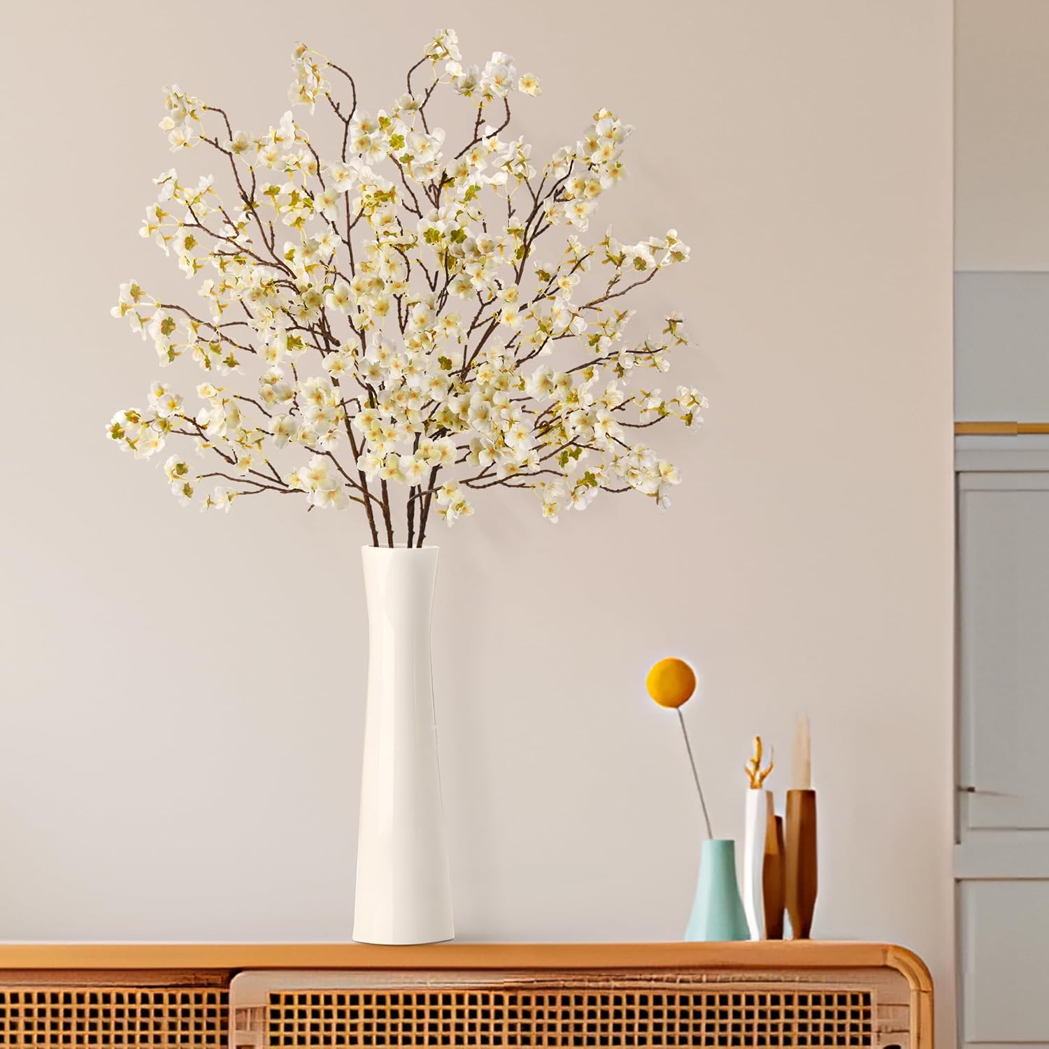 florisso Cherry Blossom Branches, Faux Peach Blossom Flowers, Artificial Plum Branches Real Touch Silk for Party Home Decor Wedding Arrangements (4PCS, White, 41")