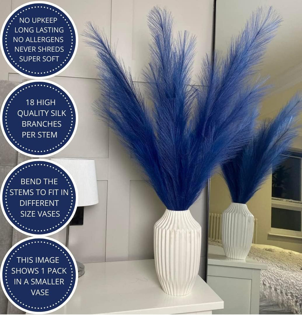VOULUX Extra Large Tall Blue Fake Faux Artificial Pampas Grass Large Fluffy x3 115cm Stems x18 Decorative Artificial Flora Feathers For Floor Vases Tall Blue Plant Flowers Long Pampas Grass