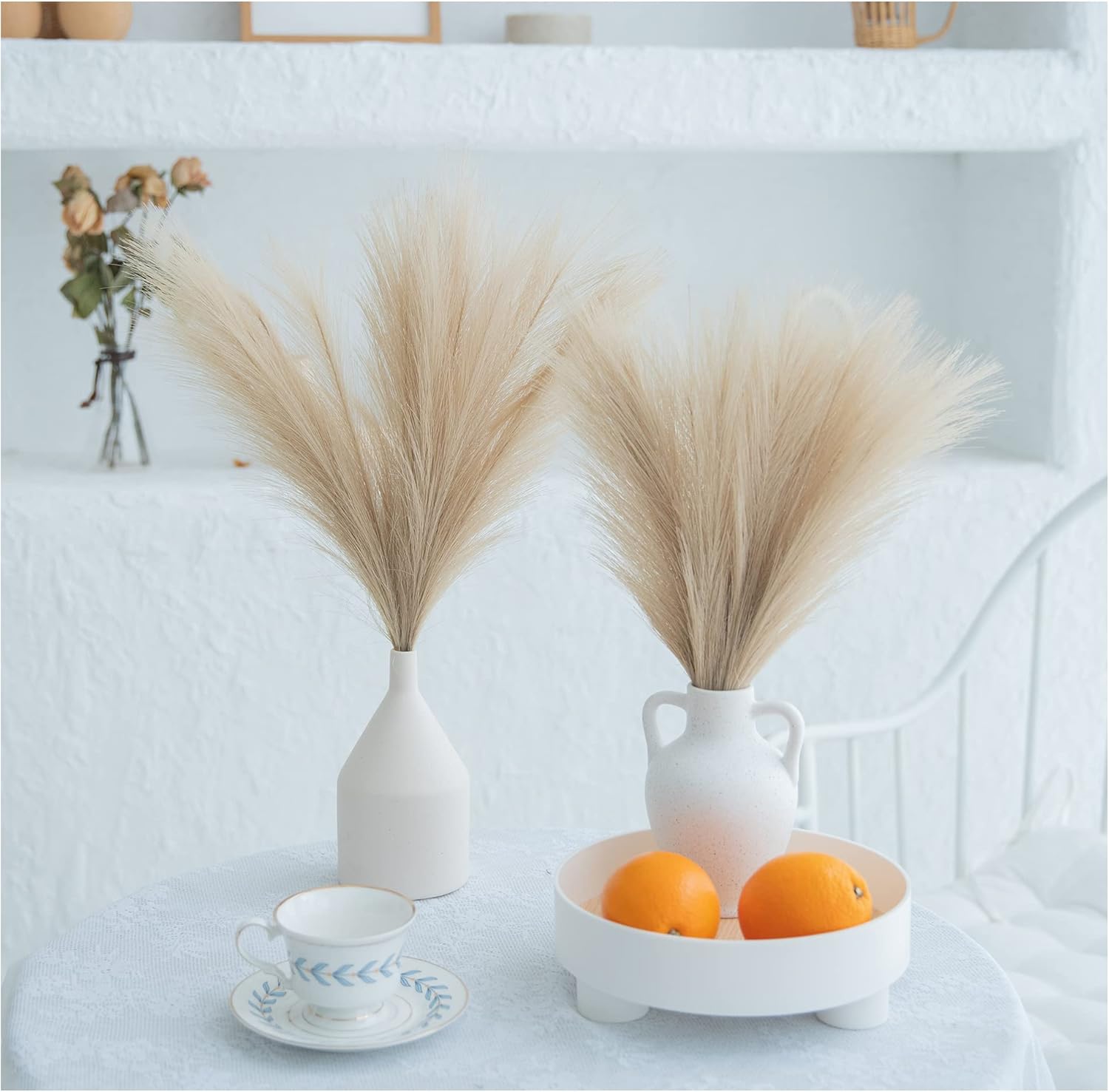 ChagoArt 6 Stems 17" Taupe Faux Pampas Grass - Boho Chic Rustic Artificial Plant