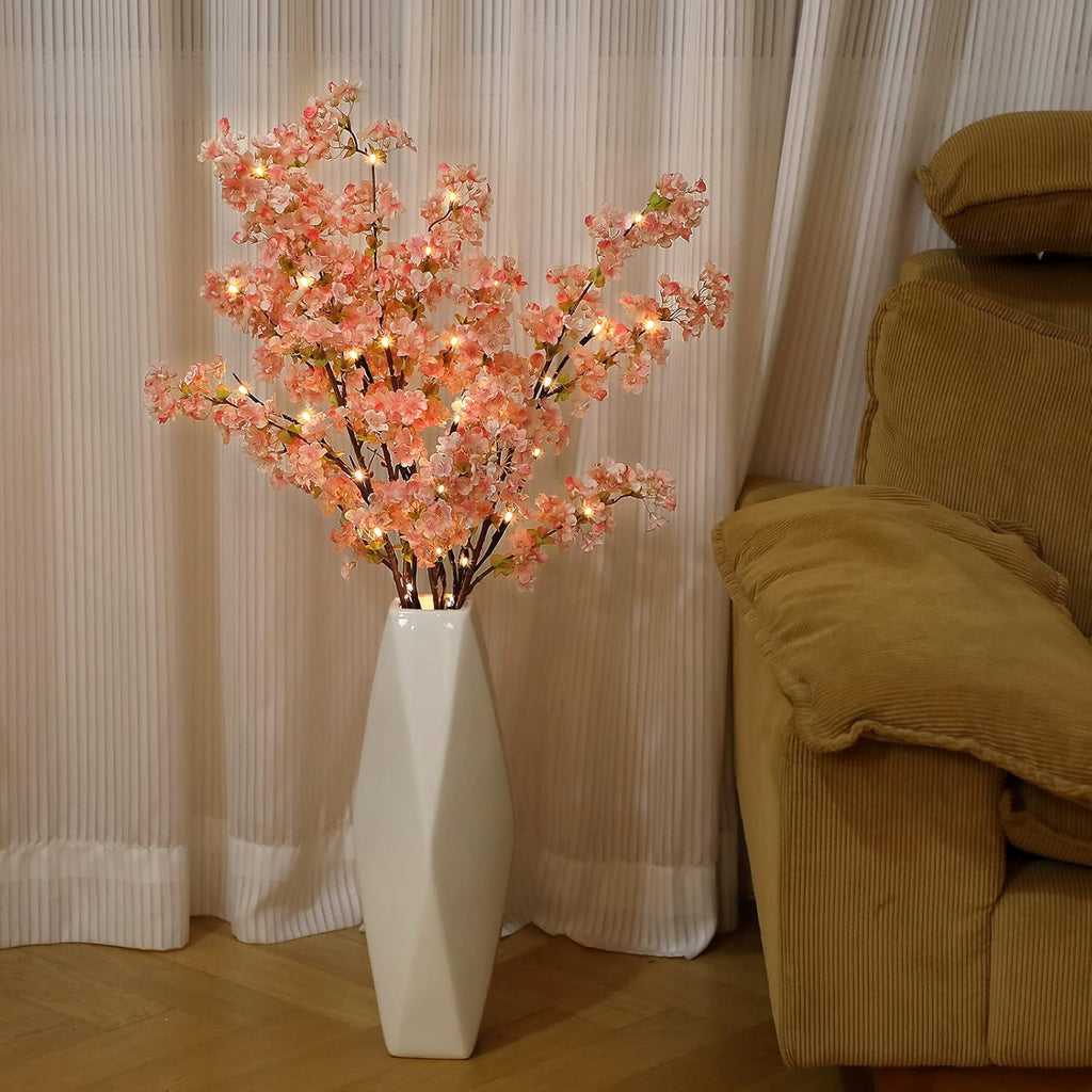 Sunm Boutique White Cherry Blossom Flowers, Artificial Cherry Blossom Decor Faux Cherry Blossom Branches Vase Arrangements for Wedding Home Party Kitchen Decor, Set of 3