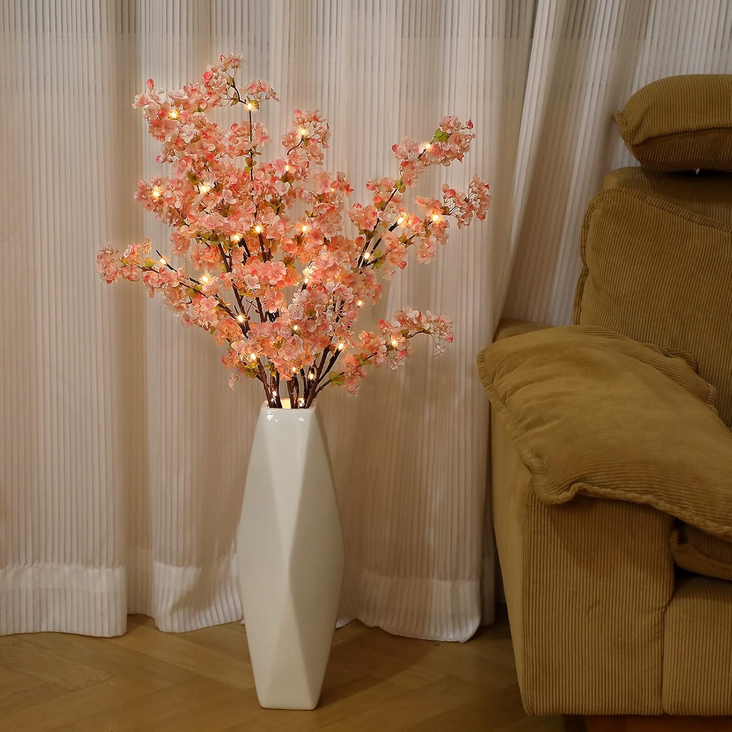 Sunm Boutique White Cherry Blossom Flowers, Artificial Cherry Blossom Decor Faux Cherry Blossom Branches Vase Arrangements for Wedding Home Party Kitchen Decor, Set of 3