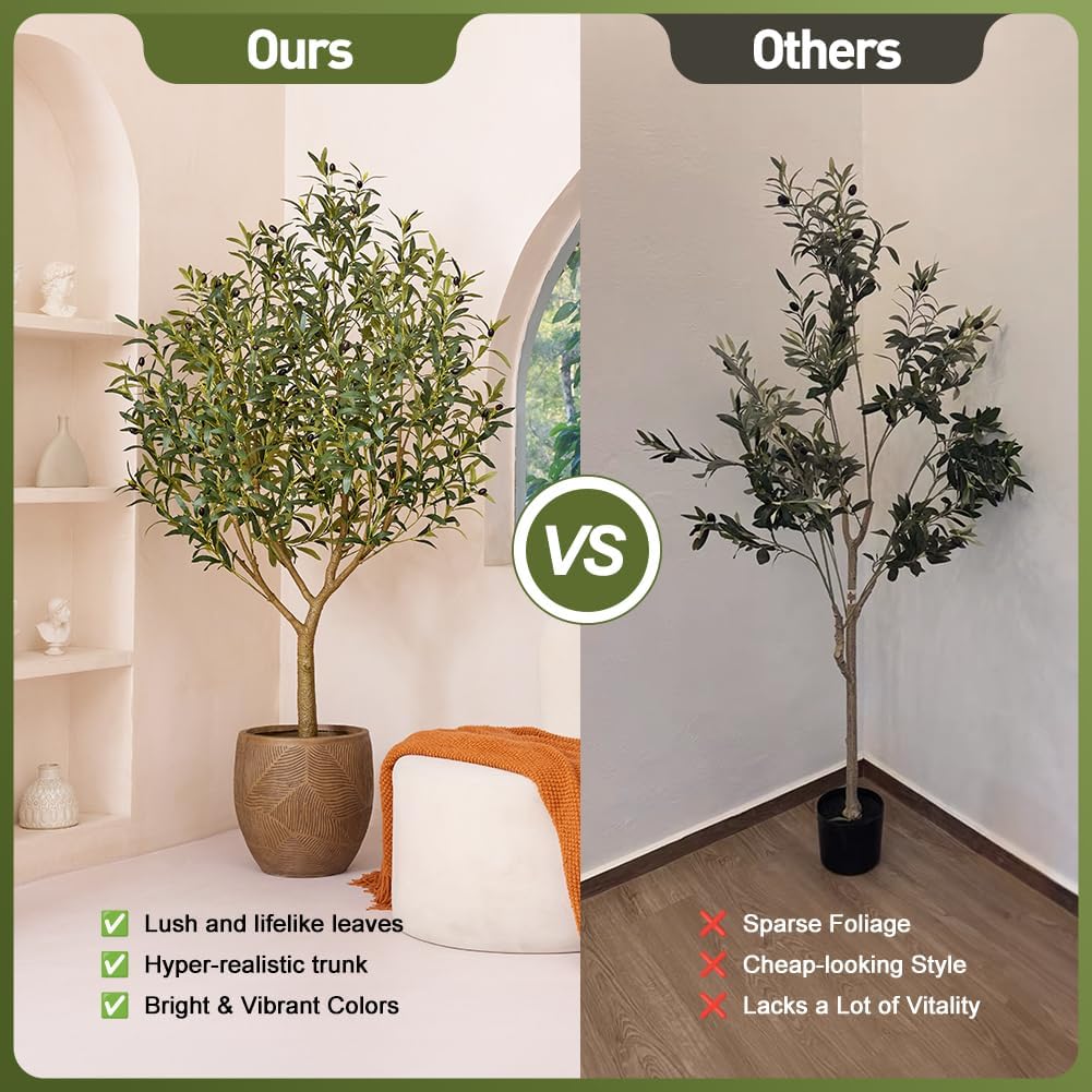 VeriNatural Artificial Olive Tree 6.5FT - Large Fake Olive Trees Indoor with 1676 Lush Leaves,UV Resistant & Natural Wood Trunk, Outdoor Potted Faux Plant for Living Room,Office,Home Decor,VN157