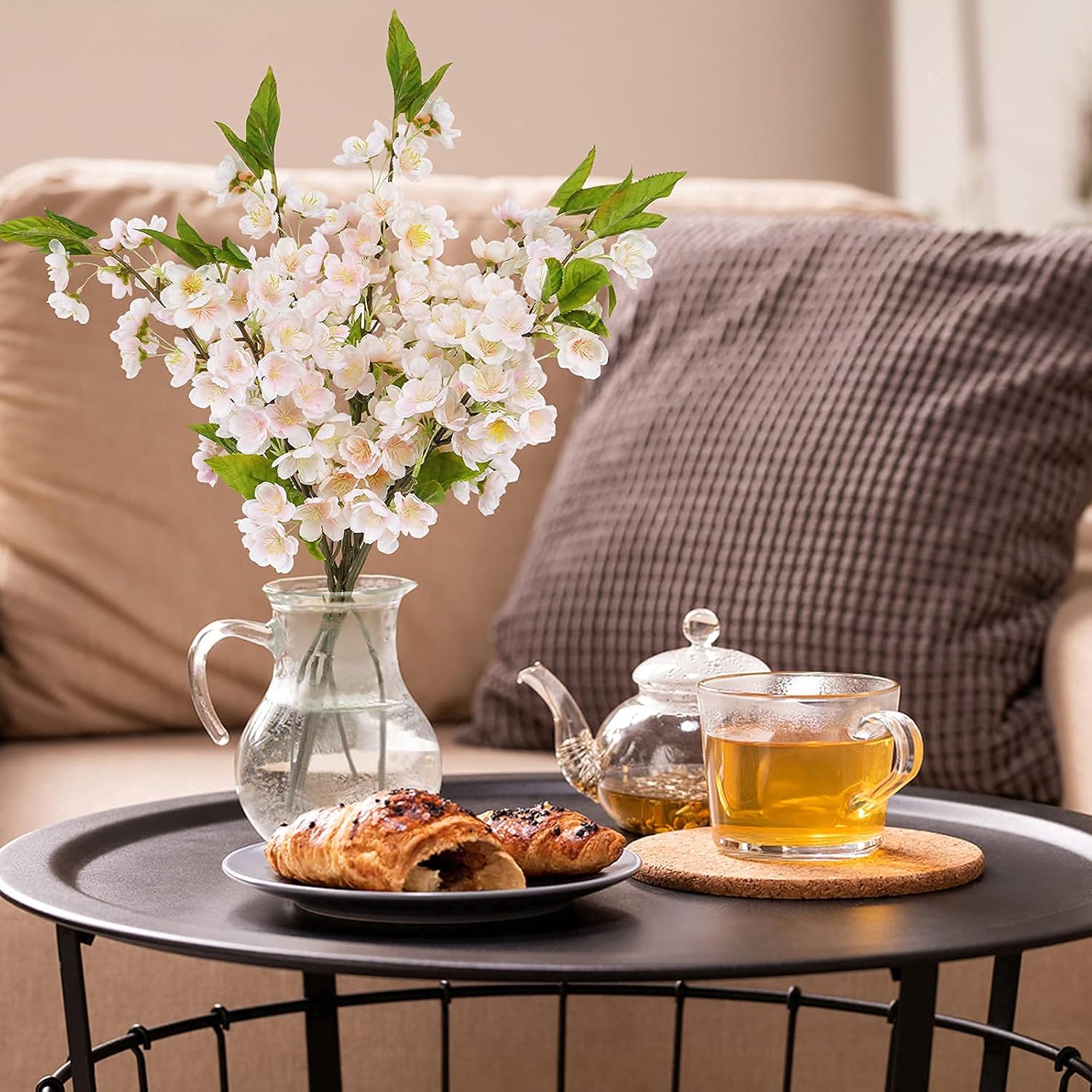 Sunm Boutique White Cherry Blossom Flowers, Artificial Cherry Blossom Decor Faux Cherry Blossom Branches Vase Arrangements for Wedding Home Party Kitchen Decor, Set of 3