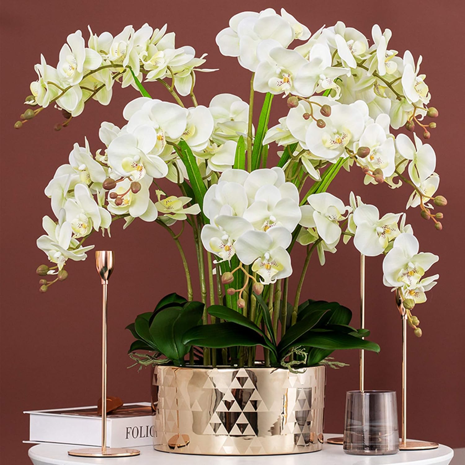 FagusHome 32" Artificial Phalaenopsis Flowers 6 Pcs with 4 Bundles Leaves Artificial Orchid Flowers Stem Plants for Home Décor (6Pcs)