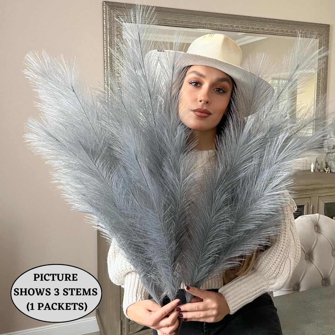 VOULUX Extra Large Tall Blue Fake Faux Artificial Pampas Grass Large Fluffy x3 115cm Stems x18 Decorative Artificial Flora Feathers For Floor Vases Tall Blue Plant Flowers Long Pampas Grass