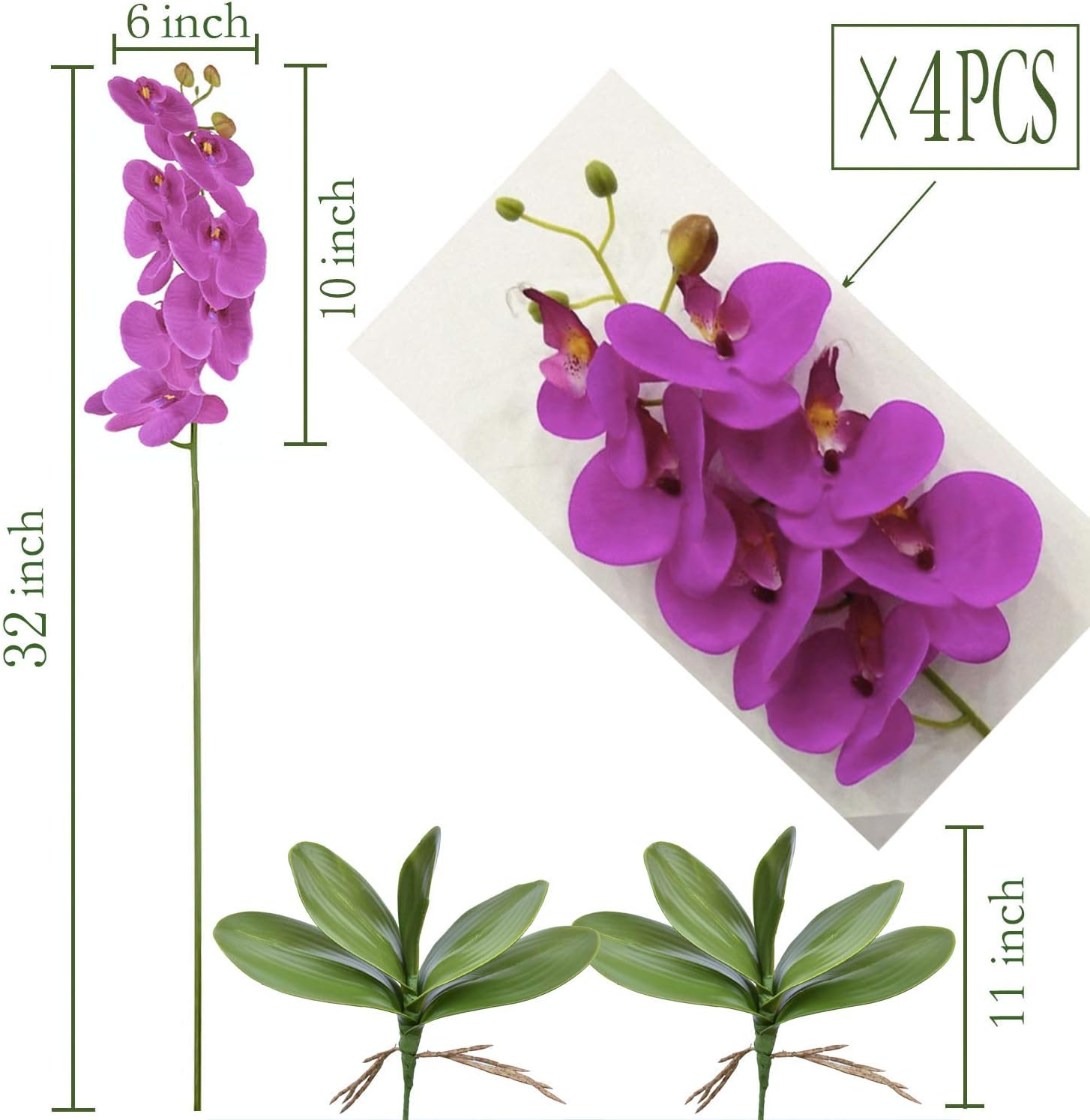 FagusHome 32 Inches Artificial Phalaenopsis Flowers 4 Pcs with 2 bundles Leaves Artificial Orchid Flowers Stem Plants for Home Décor (White)