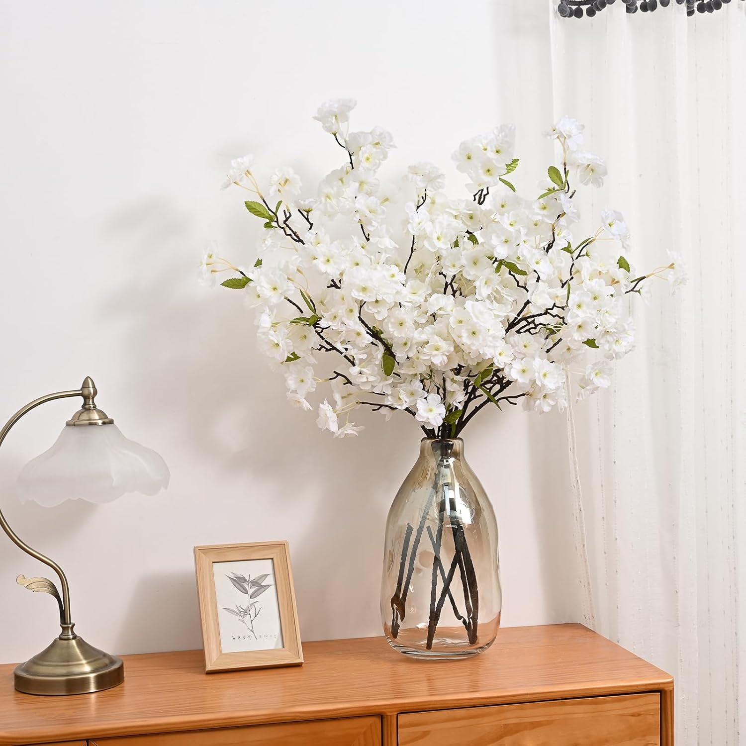 Sunm Boutique White Cherry Blossom Flowers, Artificial Cherry Blossom Decor Faux Cherry Blossom Branches Vase Arrangements for Wedding Home Party Kitchen Decor, Set of 3