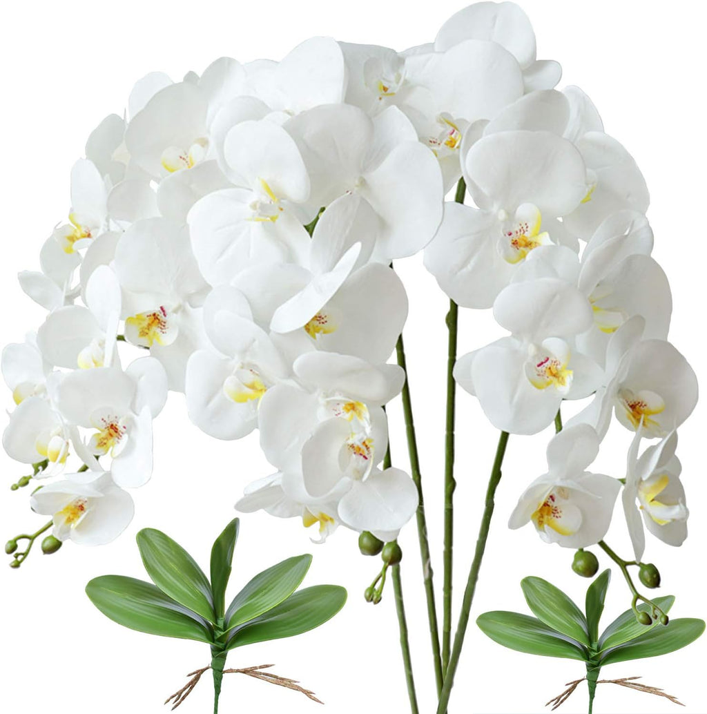 FagusHome 32 Inches Artificial Phalaenopsis Flowers 4 Pcs with 2 bundles Leaves Artificial Orchid Flowers Stem Plants for Home Décor (White)