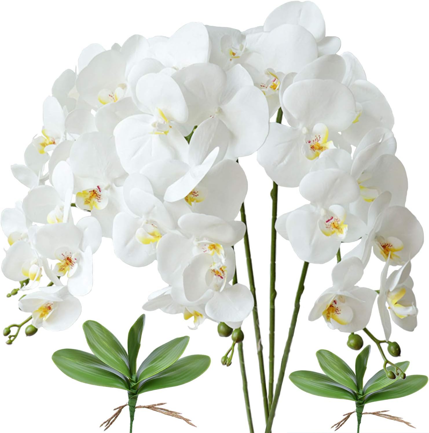 FagusHome 32 Inches Artificial Phalaenopsis Flowers 4 Pcs with 2 bundles Leaves Artificial Orchid Flowers Stem Plants for Home Décor (White)