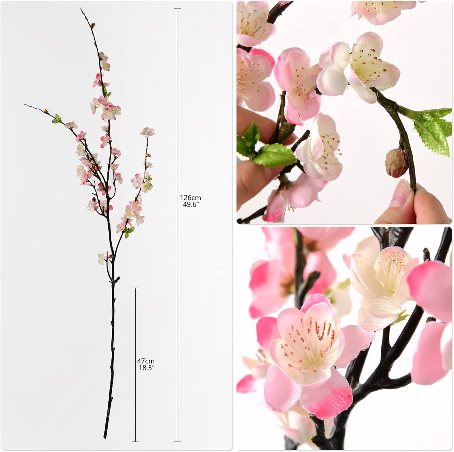 florisso Cherry Blossom Branches, Faux Peach Blossom Flowers, Artificial Plum Branches Real Touch Silk for Party Home Decor Wedding Arrangements (4PCS, White, 41")