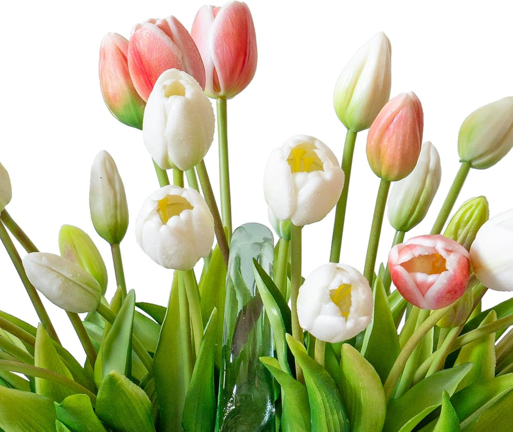 DUYONE 15pcs Artificial Tulips Flowers, Real Touch Latex Bouquet, Fake Tulips for Office Wedding Party Home Kitchen Garden Decoration(White,15pcs)