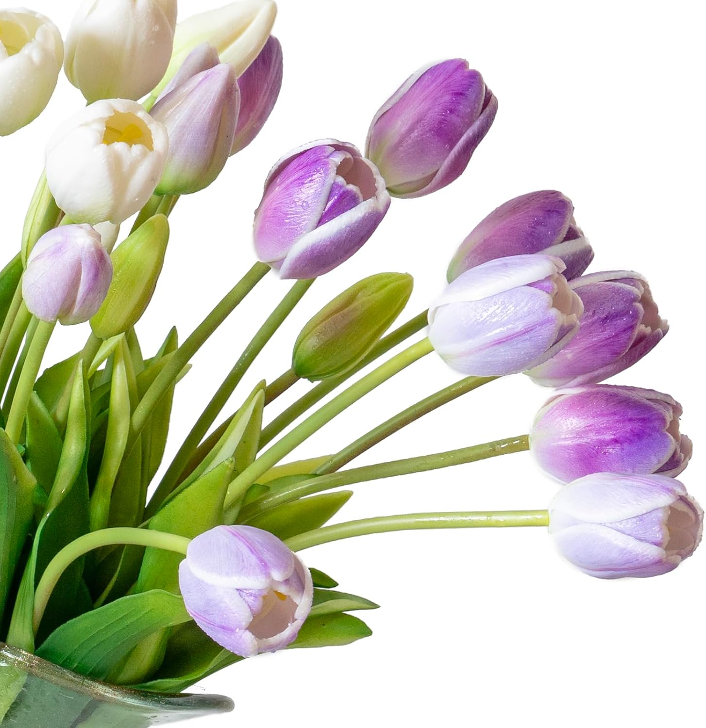 DUYONE 15pcs Artificial Tulips Flowers, Real Touch Latex Bouquet, Fake Tulips for Office Wedding Party Home Kitchen Garden Decoration(White,15pcs)