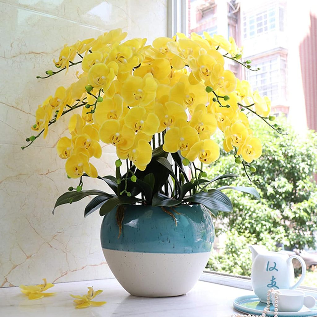 FagusHome 32 Inches Artificial Phalaenopsis Flowers 4 Pcs with 2 bundles Leaves Artificial Orchid Flowers Stem Plants for Home Décor (White)