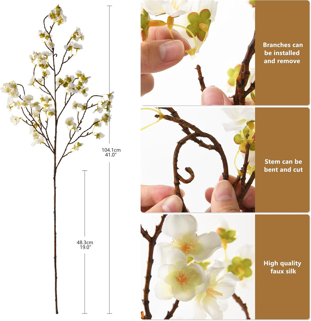 florisso Cherry Blossom Branches, Faux Peach Blossom Flowers, Artificial Plum Branches Real Touch Silk for Party Home Decor Wedding Arrangements (4PCS, White, 41")
