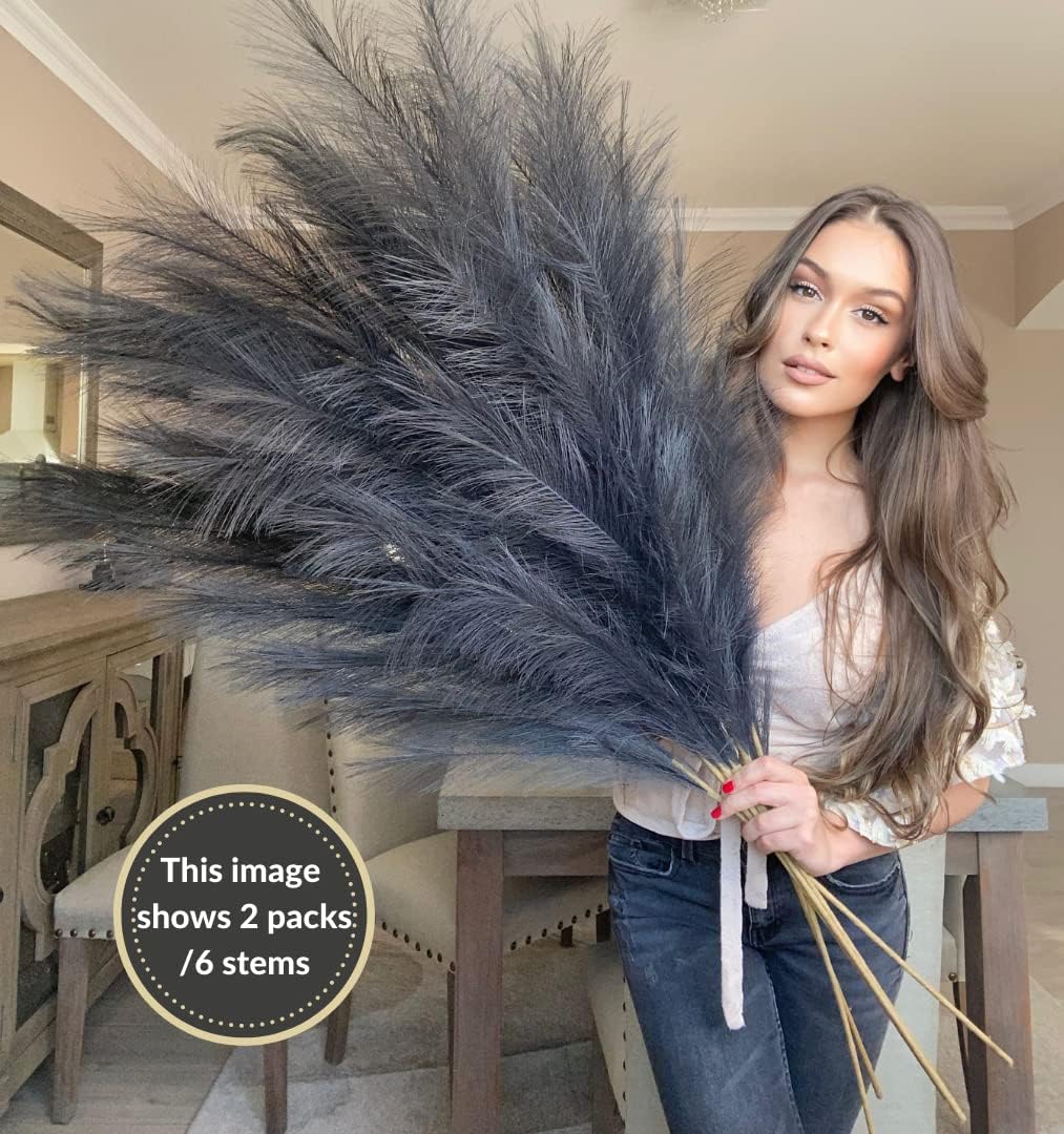 VOULUX Extra Large Tall Blue Fake Faux Artificial Pampas Grass Large Fluffy x3 115cm Stems x18 Decorative Artificial Flora Feathers For Floor Vases Tall Blue Plant Flowers Long Pampas Grass