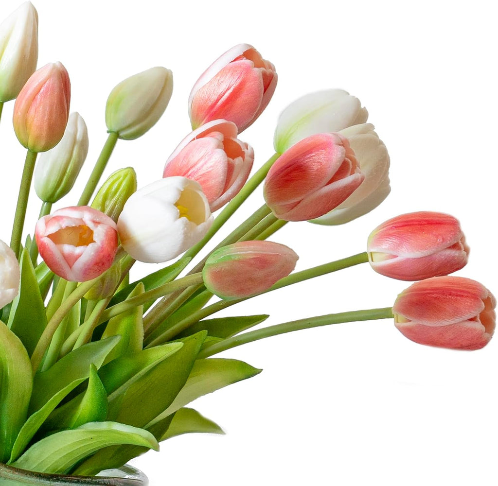 DUYONE 15pcs Artificial Tulips Flowers, Real Touch Latex Bouquet, Fake Tulips for Office Wedding Party Home Kitchen Garden Decoration(White,15pcs)