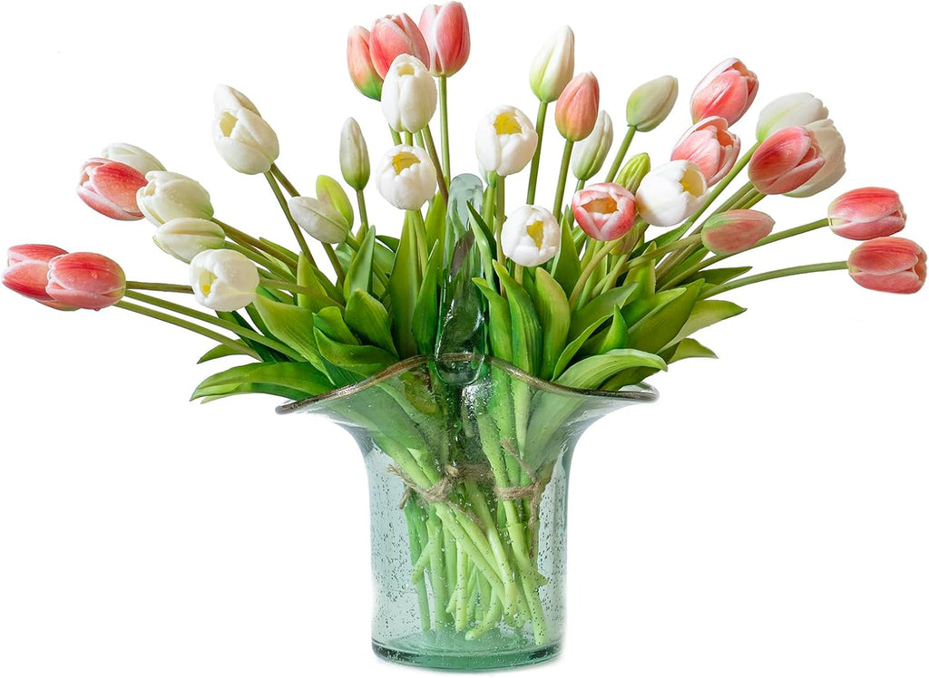 DUYONE 15pcs Artificial Tulips Flowers, Real Touch Latex Bouquet, Fake Tulips for Office Wedding Party Home Kitchen Garden Decoration(White,15pcs)