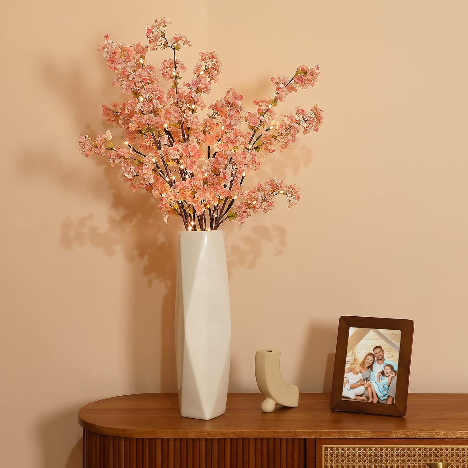 Sunm Boutique White Cherry Blossom Flowers, Artificial Cherry Blossom Decor Faux Cherry Blossom Branches Vase Arrangements for Wedding Home Party Kitchen Decor, Set of 3