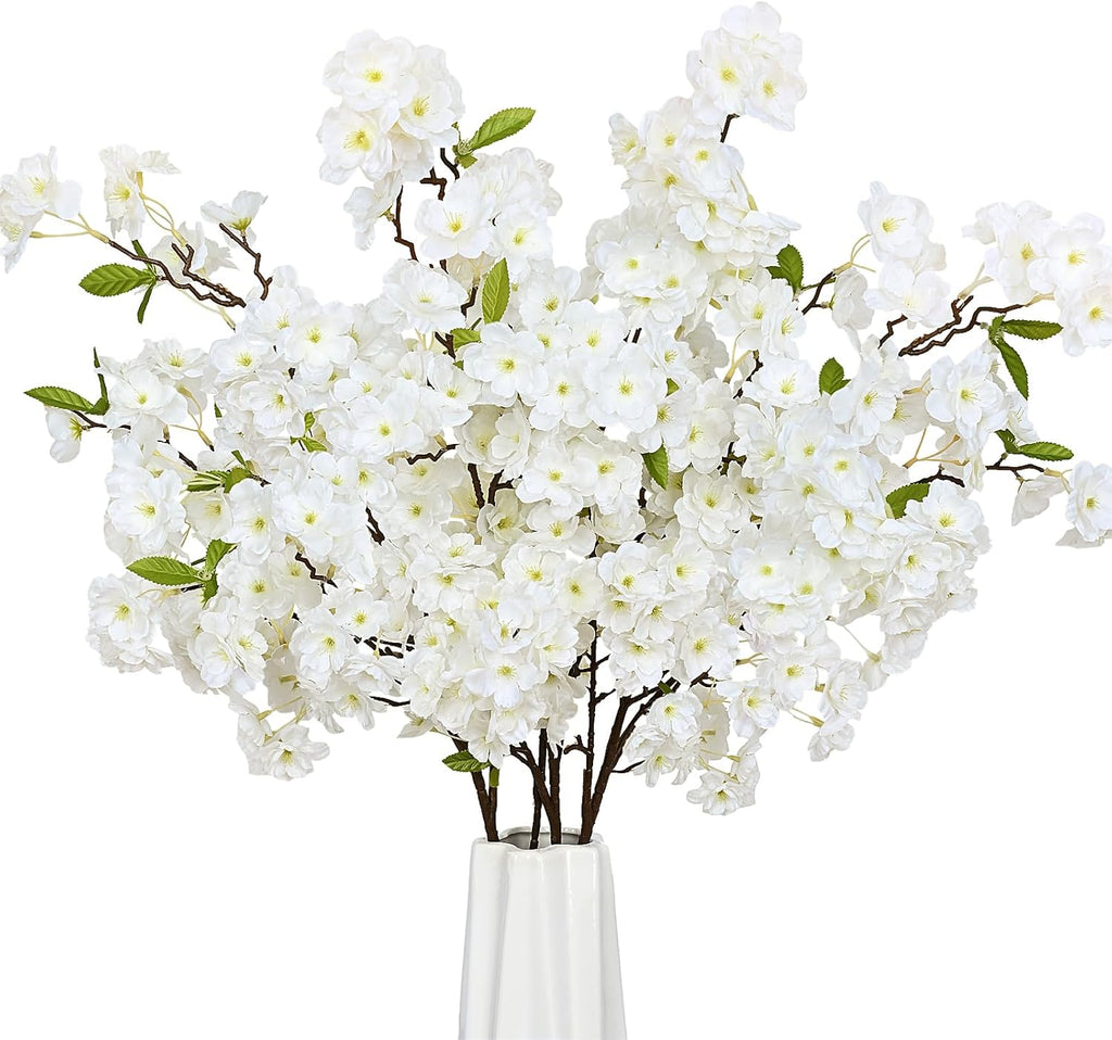 Sunm Boutique White Cherry Blossom Flowers, Artificial Cherry Blossom Decor Faux Cherry Blossom Branches Vase Arrangements for Wedding Home Party Kitchen Decor, Set of 3