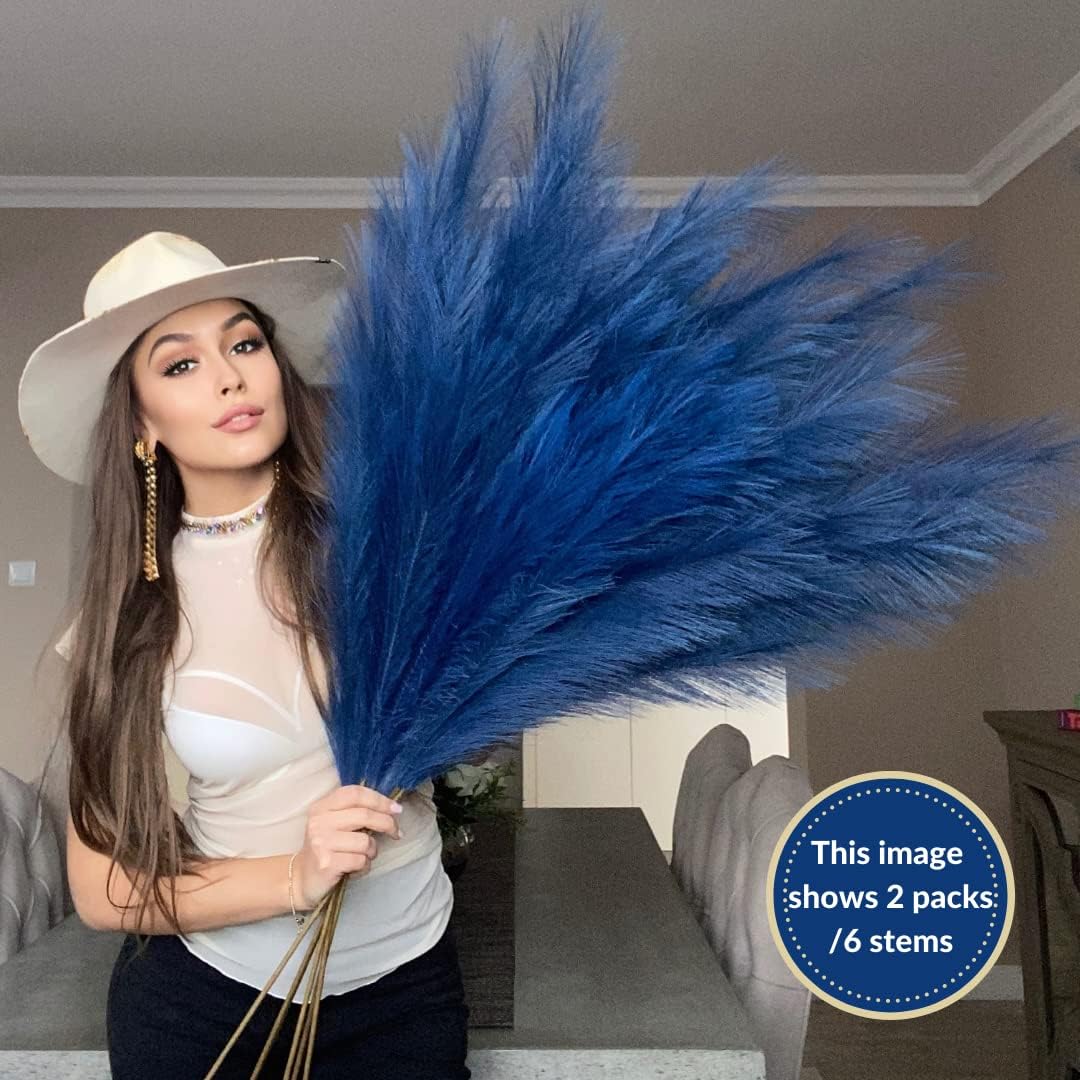 VOULUX Extra Large Tall Blue Fake Faux Artificial Pampas Grass Large Fluffy x3 115cm Stems x18 Decorative Artificial Flora Feathers For Floor Vases Tall Blue Plant Flowers Long Pampas Grass