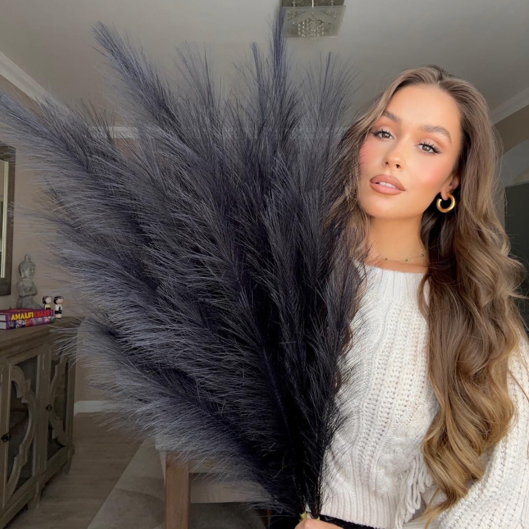 VOULUX Extra Large Tall Blue Fake Faux Artificial Pampas Grass Large Fluffy x3 115cm Stems x18 Decorative Artificial Flora Feathers For Floor Vases Tall Blue Plant Flowers Long Pampas Grass