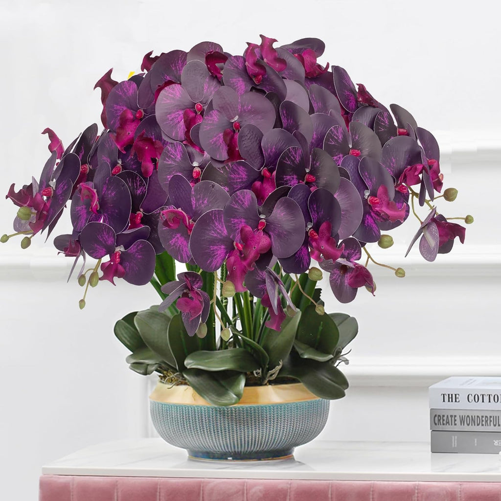 FagusHome 32" Artificial Phalaenopsis Flowers 6 Pcs with 4 Bundles Leaves Artificial Orchid Flowers Stem Plants for Home Décor (6Pcs)