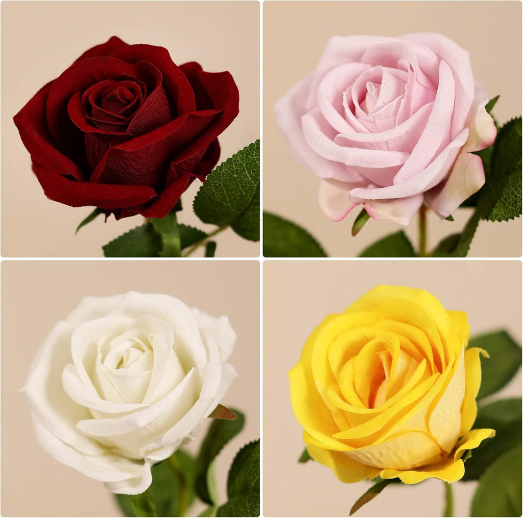 Luyue 10 Pack Artificial Velvet Roses Fake Red Rose Silk Flowers with Stem Floral Gift for Wedding Arrangement Party Home Decor-Red