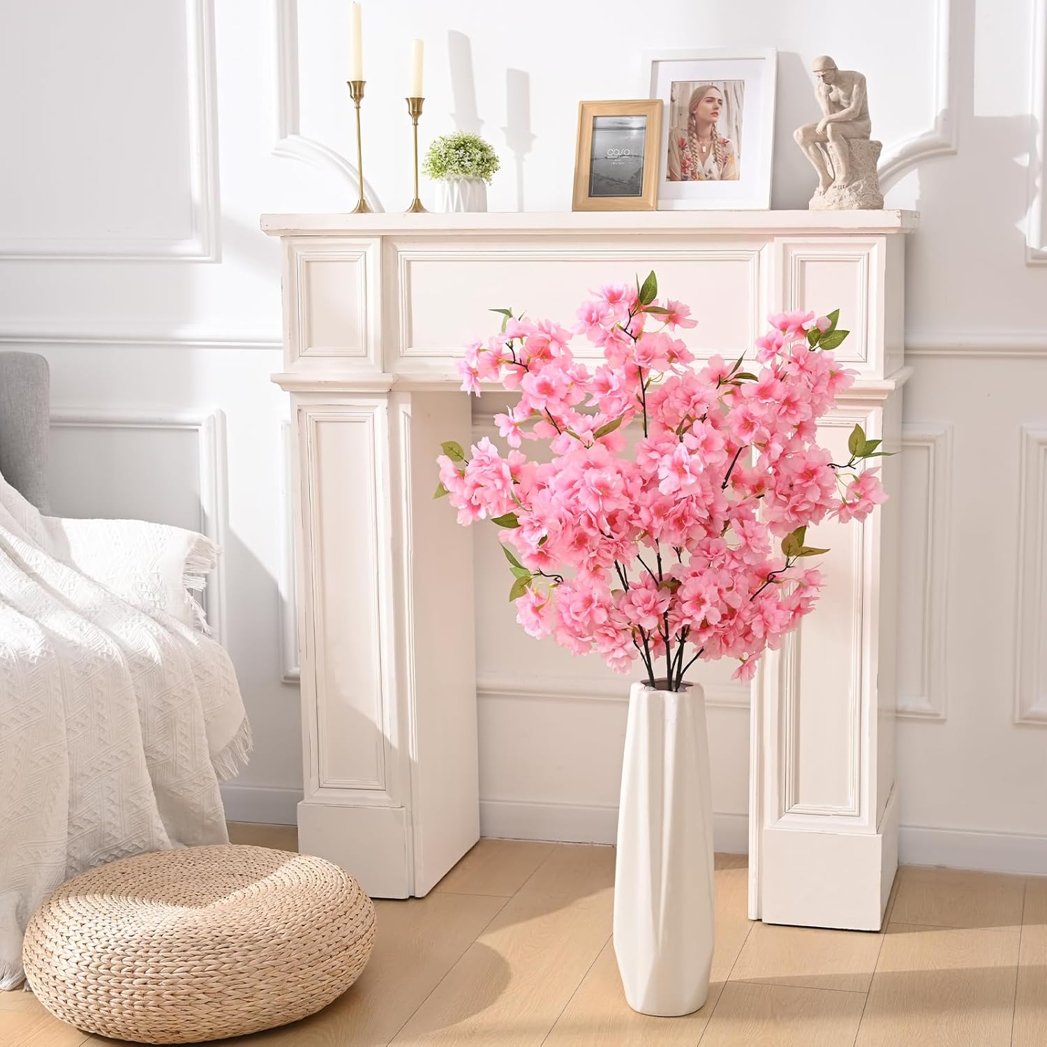 Sunm Boutique White Cherry Blossom Flowers, Artificial Cherry Blossom Decor Faux Cherry Blossom Branches Vase Arrangements for Wedding Home Party Kitchen Decor, Set of 3