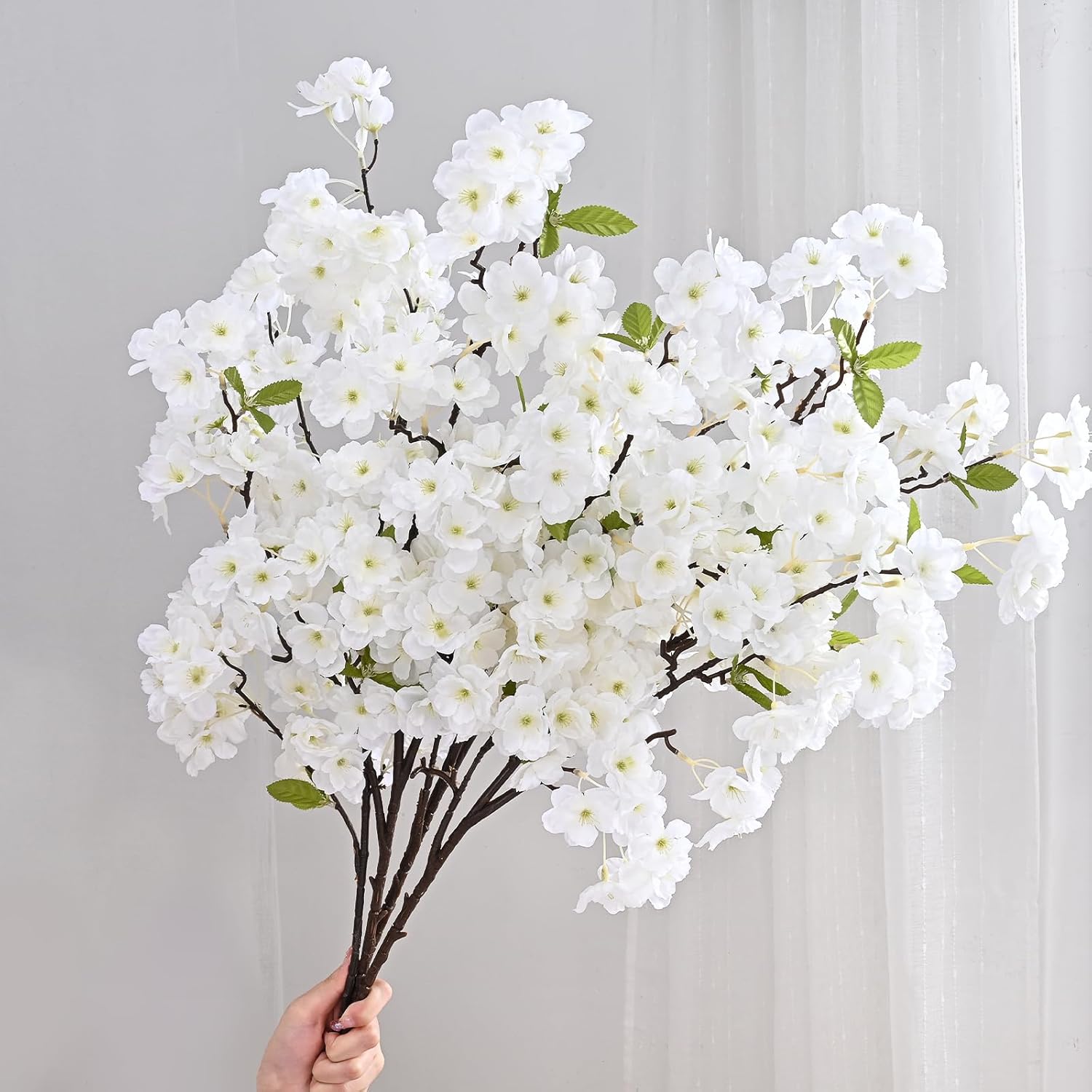 Sunm Boutique White Cherry Blossom Flowers, Artificial Cherry Blossom Decor Faux Cherry Blossom Branches Vase Arrangements for Wedding Home Party Kitchen Decor, Set of 3