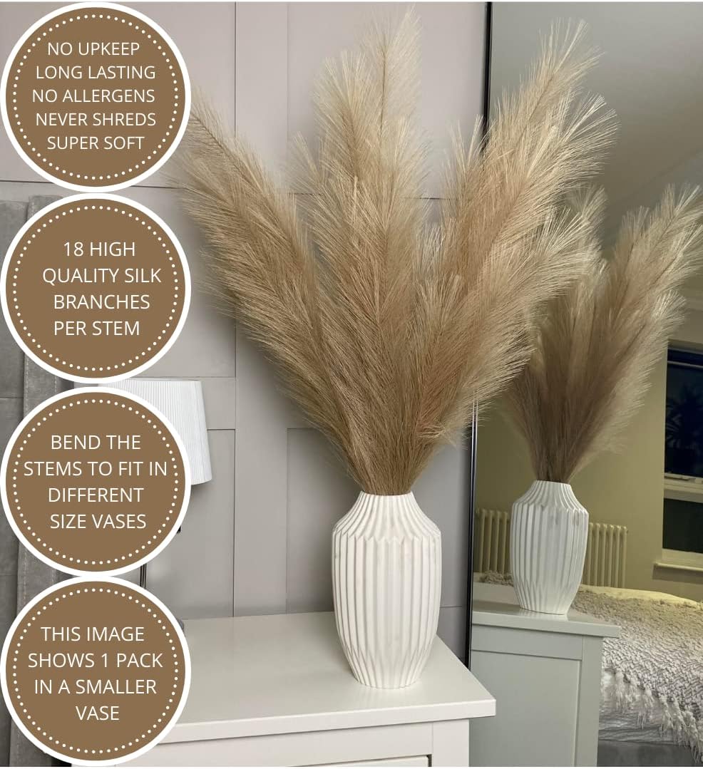 VOULUX Extra Large Tall Blue Fake Faux Artificial Pampas Grass Large Fluffy x3 115cm Stems x18 Decorative Artificial Flora Feathers For Floor Vases Tall Blue Plant Flowers Long Pampas Grass