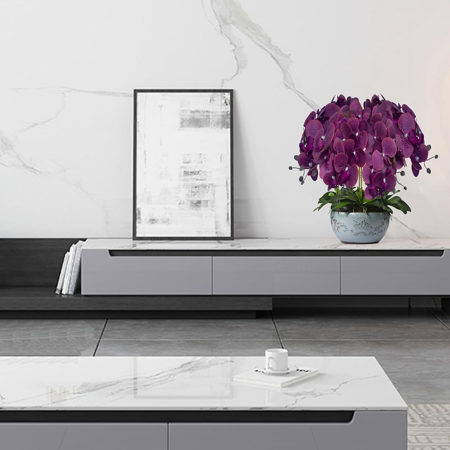 FagusHome 32" Artificial Phalaenopsis Flowers 6 Pcs with 4 Bundles Leaves Artificial Orchid Flowers Stem Plants for Home Décor (6Pcs)