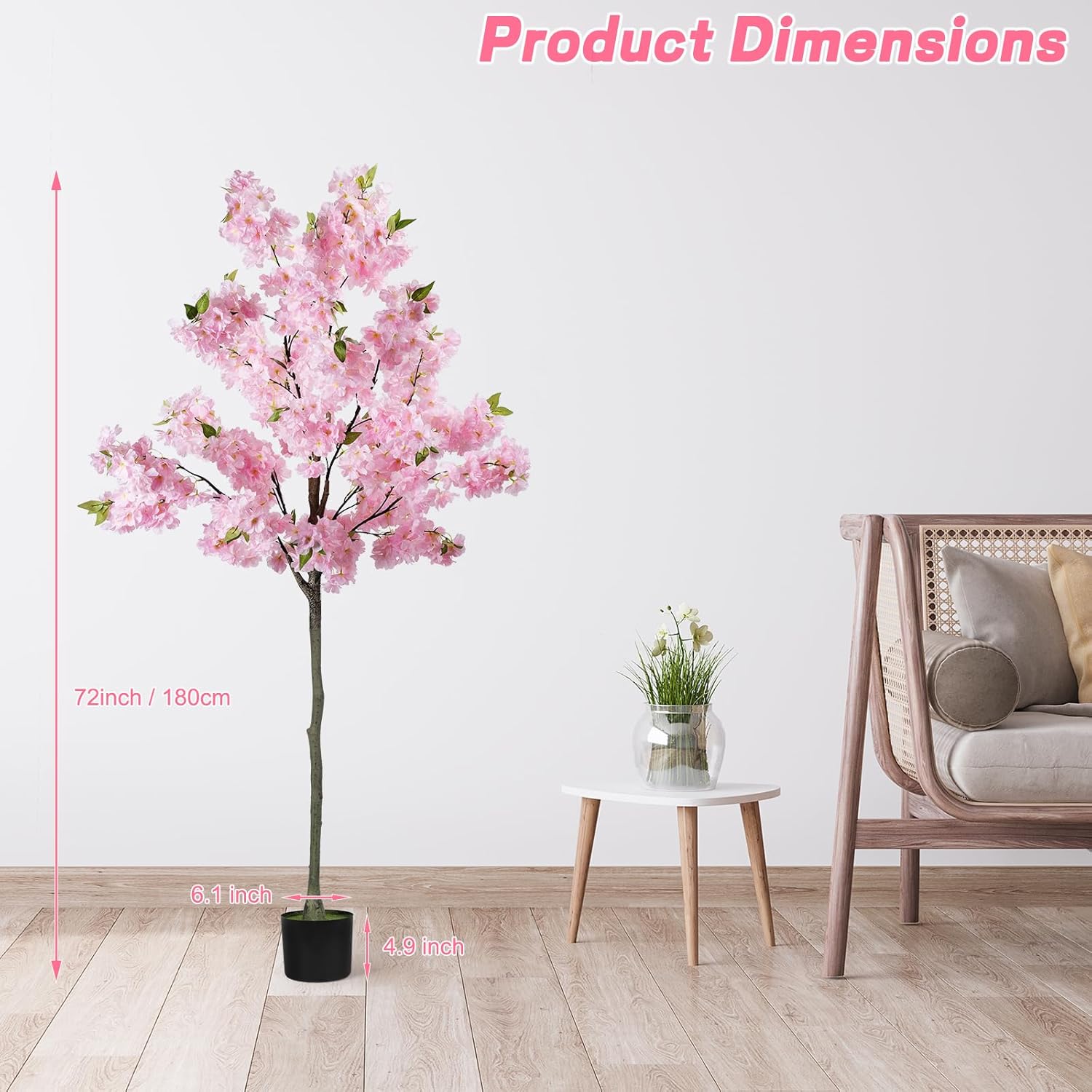 PINPON 6FT Artificial Cherry Blossom Tree for Home Decor, Tall Fake Plant Potted Silk Trees, Faux Floor Tree for Indoor Outdoor Living Room Garden Decoration, Pink