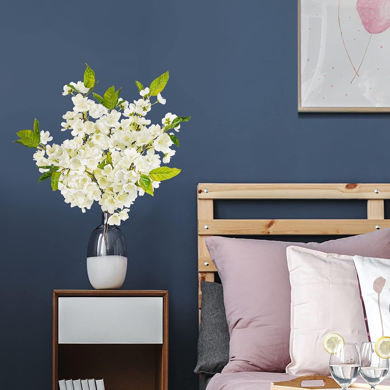 Sunm Boutique White Cherry Blossom Flowers, Artificial Cherry Blossom Decor Faux Cherry Blossom Branches Vase Arrangements for Wedding Home Party Kitchen Decor, Set of 3