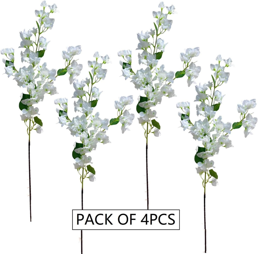 Artificial Flowers Silk Bougainvillea Branches Faux Artificial Bougainvillea Floral Stems Long Plant Branches 45" for Wedding Centerpieces, Table Runner, Home Decoration (White - Pack of 4pcs)