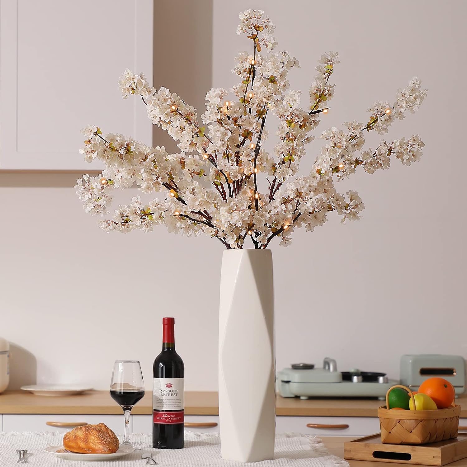 Sunm Boutique White Cherry Blossom Flowers, Artificial Cherry Blossom Decor Faux Cherry Blossom Branches Vase Arrangements for Wedding Home Party Kitchen Decor, Set of 3