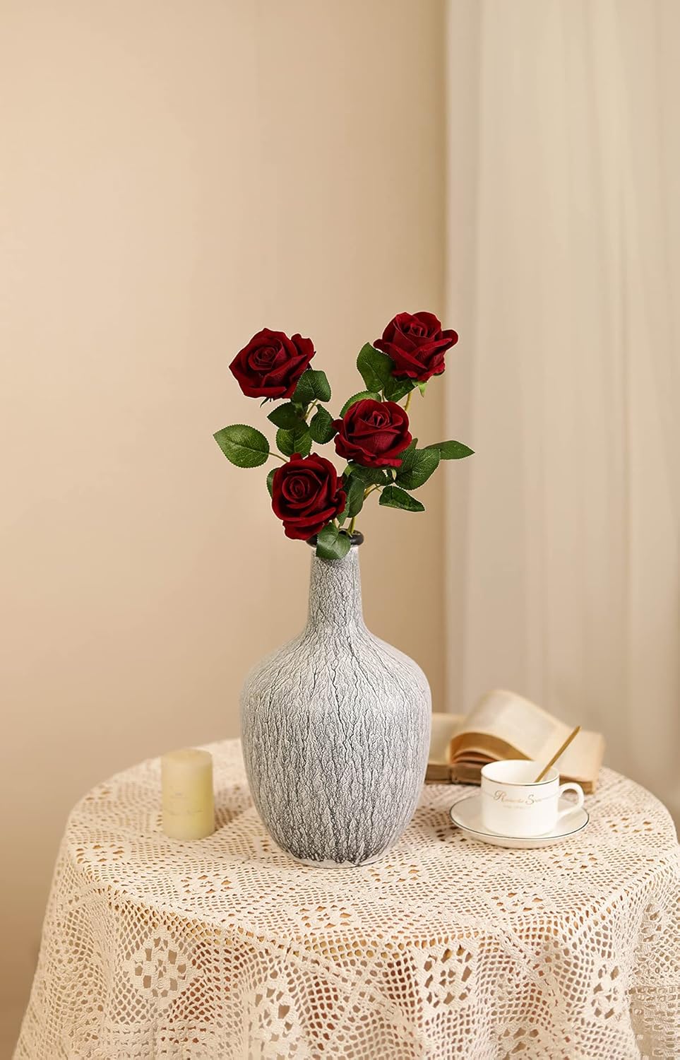 Luyue 10 Pack Artificial Velvet Roses Fake Red Rose Silk Flowers with Stem Floral Gift for Wedding Arrangement Party Home Decor-Burgandy