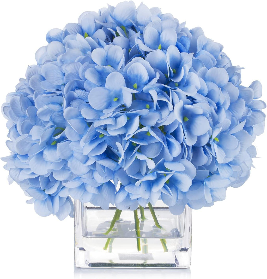 ENOVA HOME Floral Artificial Flowers Silk Hydrangea Fake Flowers Arrangement in Cube Glass Vase with Faux Water for Office Wedding Party Event Decoration (Pink)