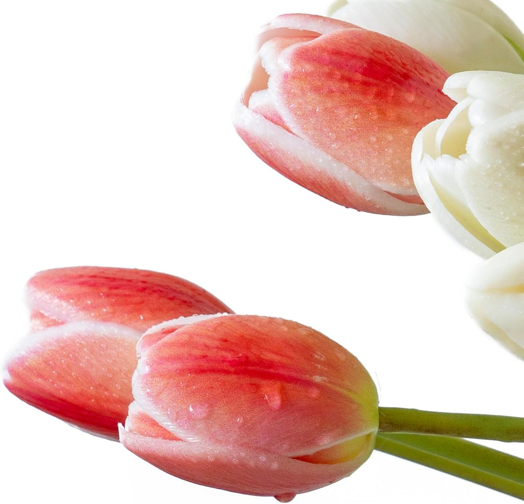 DUYONE 15pcs Artificial Tulips Flowers, Real Touch Latex Bouquet, Fake Tulips for Office Wedding Party Home Kitchen Garden Decoration(White,15pcs)