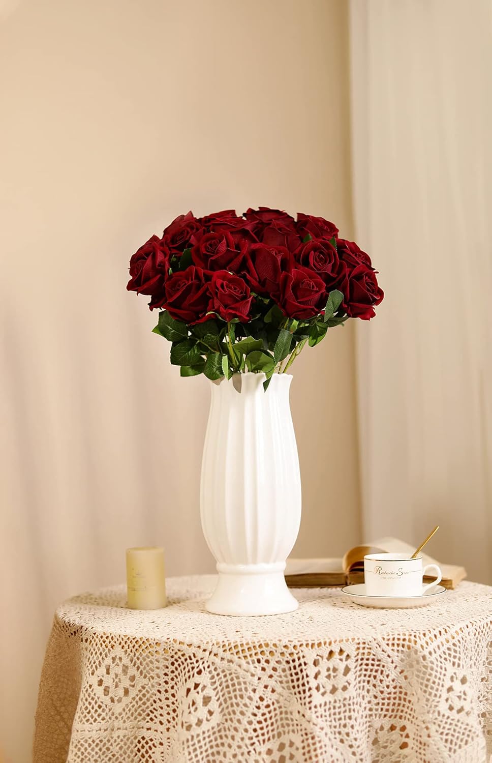 Luyue 10 Pack Artificial Velvet Roses Fake Red Rose Silk Flowers with Stem Floral Gift for Wedding Arrangement Party Home Decor-Burgandy