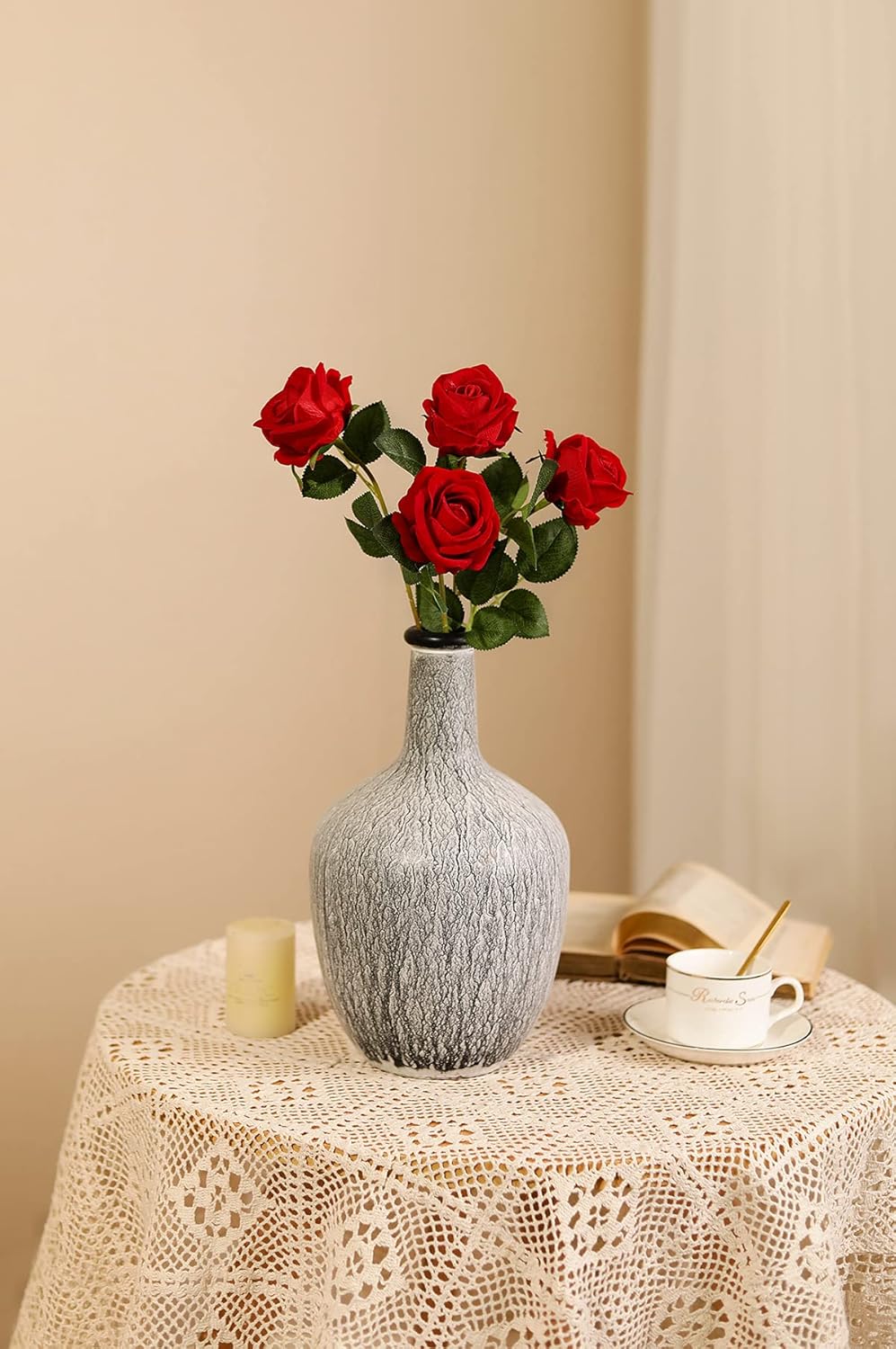 Luyue 10 Pack Artificial Velvet Roses Fake Red Rose Silk Flowers with Stem Floral Gift for Wedding Arrangement Party Home Decor-Red