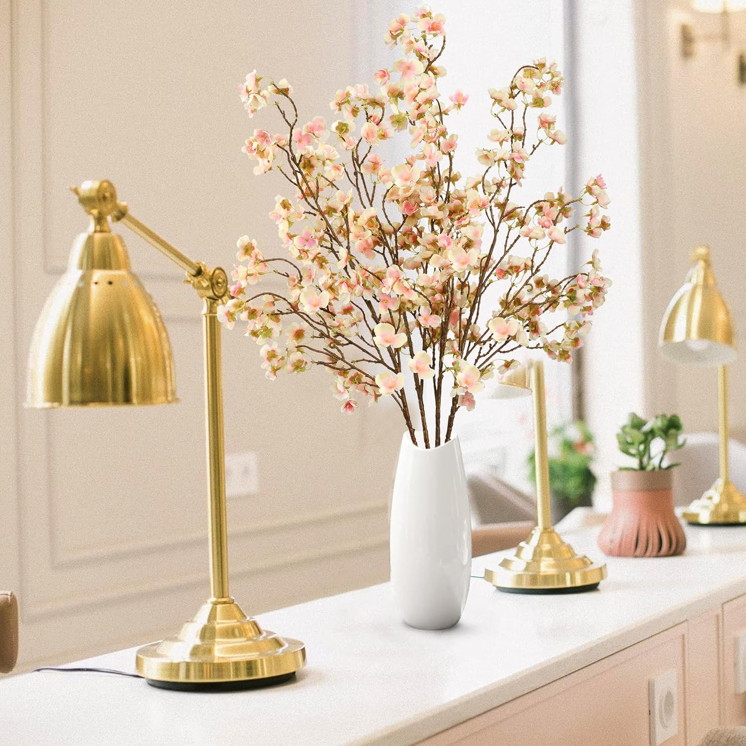 Sggvecsy Artificial Cherry Blossom Flowers 4 Pcs Faux Cherry Blossom Stems Faux Silk Cherry Blossom Branches 41’’ Fake Flowers Long Stems for Vase Arrangements Home Wedding Table Decor (Pink)