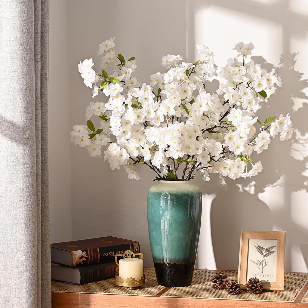 Sunm Boutique White Cherry Blossom Flowers, Artificial Cherry Blossom Decor Faux Cherry Blossom Branches Vase Arrangements for Wedding Home Party Kitchen Decor, Set of 3