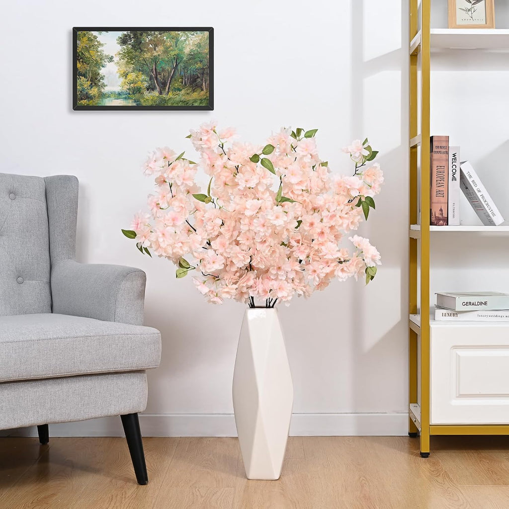 Sunm Boutique White Cherry Blossom Flowers, Artificial Cherry Blossom Decor Faux Cherry Blossom Branches Vase Arrangements for Wedding Home Party Kitchen Decor, Set of 3